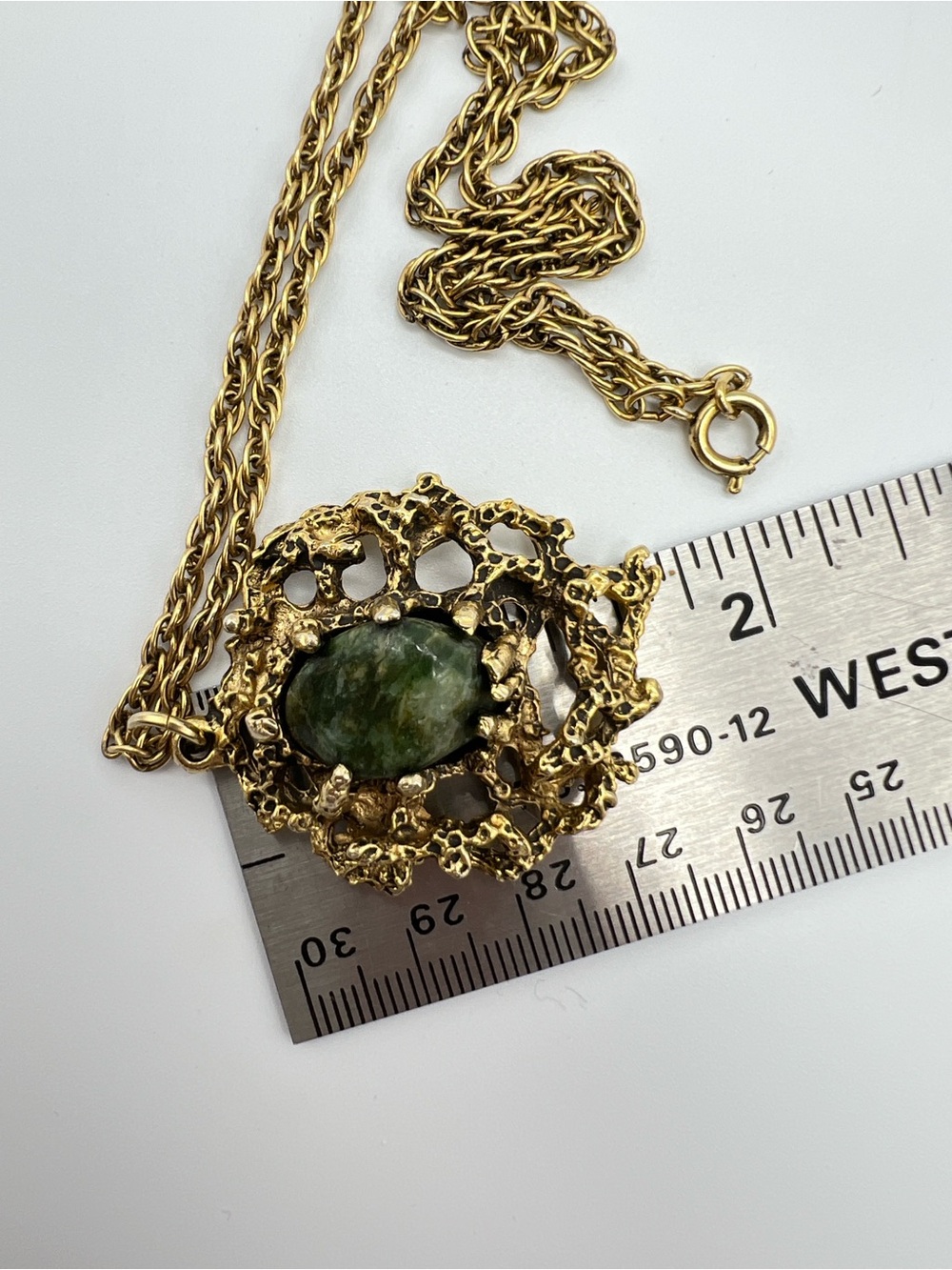 VTG Brutalist Moss Agate Pendant • Gold Tone • Organic Statement - Picture 7 of 10